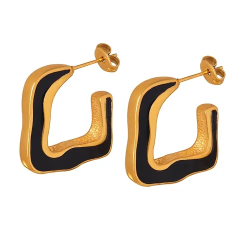 Geometric U-Shape Titanium Steel Earrings Vintage Minimalist Black Enamel Wave Drip Oil Jewelry For Women