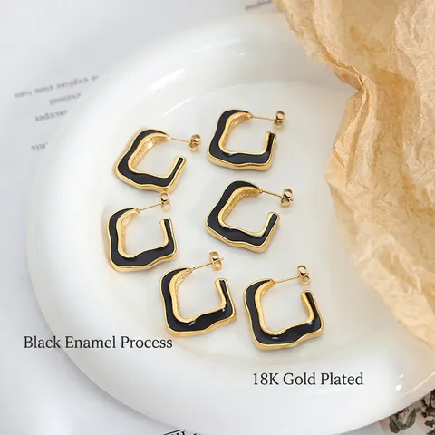 Geometric U-Shape Titanium Steel Earrings Vintage Minimalist Black Enamel Wave Drip Oil Jewelry For Women