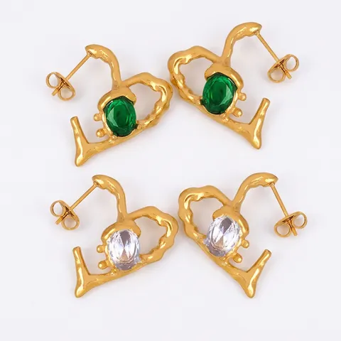 Irregular Heart Earrings Titanium Steel With Glass Rhinestone 18K Gold Plated Chic Lava Texture For Women