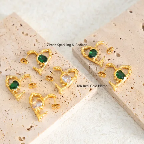 Irregular Heart Earrings Titanium Steel With Glass Rhinestone 18K Gold Plated Chic Lava Texture For Women