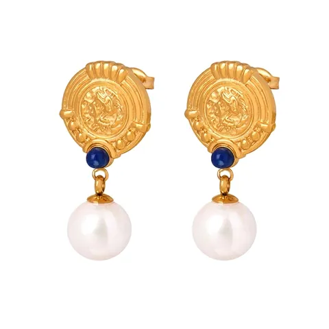 Retro Court Style Dangle Earrings Titanium Steel Gold Plated Coin Relief Portrait Blue Glass Bead White Artificial Pearl Jewelry