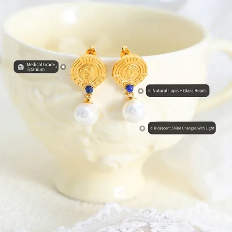 Retro Court Style Dangle Earrings Titanium Steel Gold Plated Coin Relief Portrait Blue Glass Bead White Artificial Pearl Jewelry