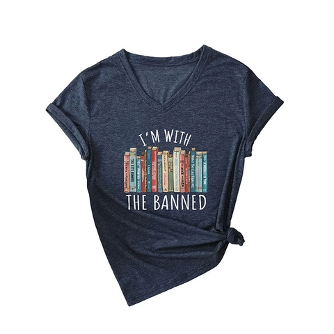 Damen V-Ausschnitt T-Shirt Lässig Kurzarm Geknoteter Saum Top Mit I'm With The Banned Buchgrafik Druck Baumwollmischung