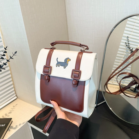 Zaino Cartone Animato Vintage Francese per Donna in Pelle PU Borsa Cambridge Colore a Contrasto Ricamo Cane Gatto Zaino da Viaggio Tracolla