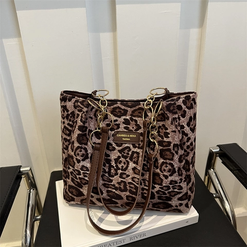 Damen Leopardenmuster Tote Bag Große Kapazität Wildleder PU Leder Schultertasche Mit Goldkette Mode Pendler Handtasche
