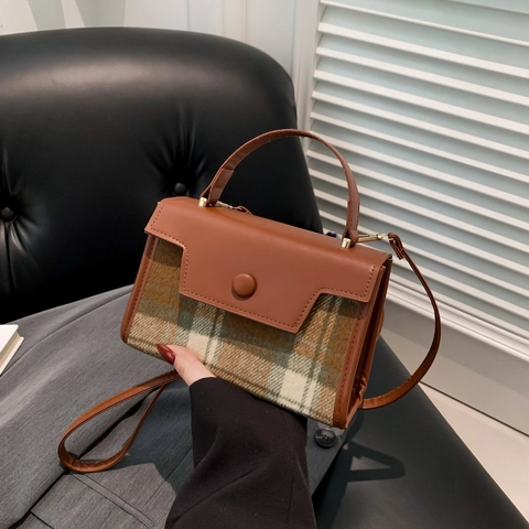 Women Vintage Plaid Patchwork Square Handbag PU Leather Woolen Texture Small Flap Bag With Adjustable Strap Commuting Bag