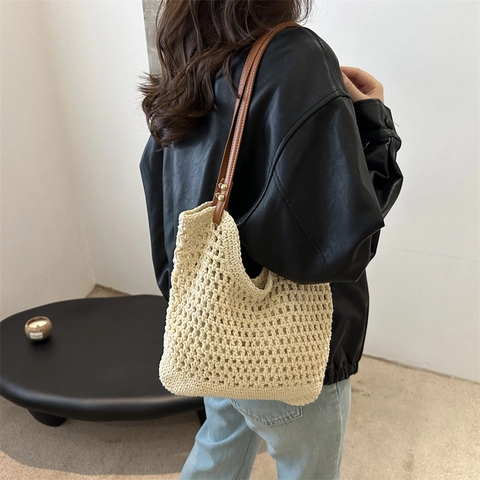 Borsa Tote Tessuta A Mano Uncinetto Svuotato Spalla Borsa Con Spallacci In Pelle PU Retrò Bohémien Casual Per Donna