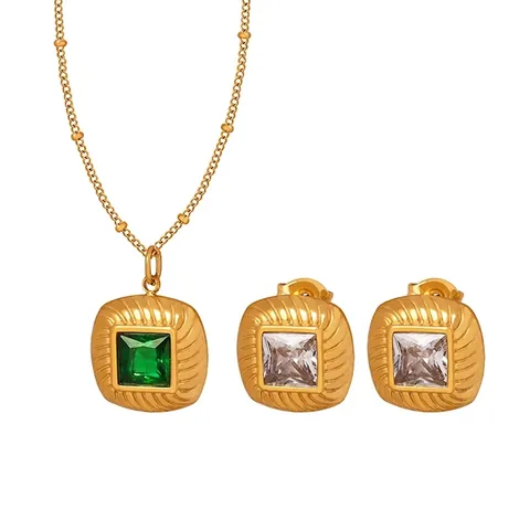 Jewelry Necklace And Earrings Square Zircon Glass Stone Stainless Steel Gold Plated Vintage Cable Texture Elegant Women