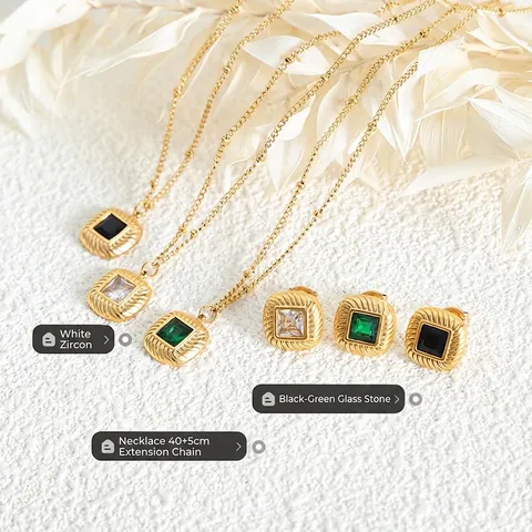 Jewelry Necklace And Earrings Square Zircon Glass Stone Stainless Steel Gold Plated Vintage Cable Texture Elegant Women