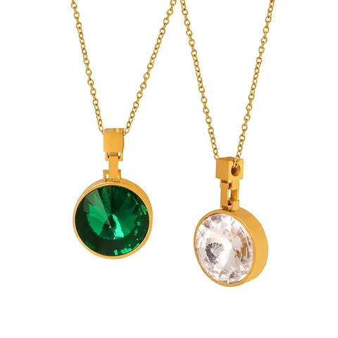 Collana Con Ciondolo In Pietra Di Vetro Rotonda Da Donna Placcata Oro 18K Acciaio Al Titanio Vintage Gioielli Raffinati