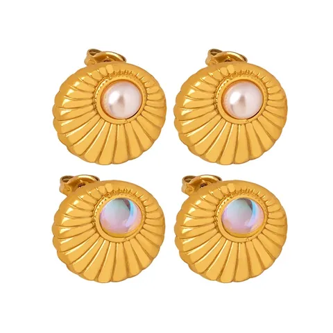 Vintage Sunray Texture Earrings Titanium Steel Faux Artificial Pearl Moonstone Stud Earrings For Women Elegant Jewelry