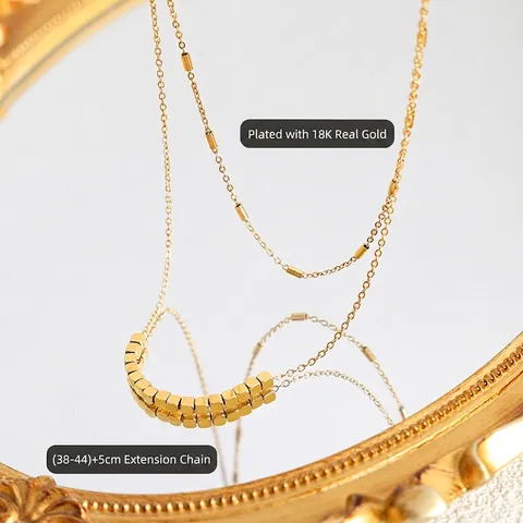 Collana A Doppio Strato In Acciaio Inossidabile Placcato Oro 18K Perline Quadrate Geometriche E Ciondoli A Cilindro Per Donna