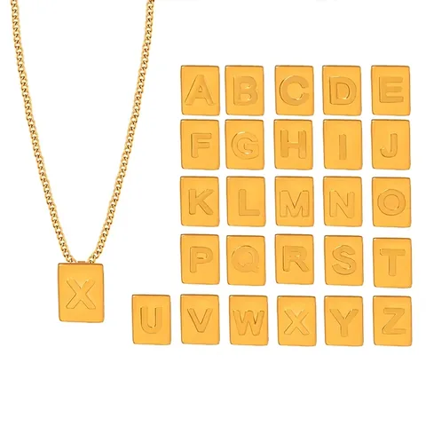 Minimalist Initial Letter Pendant Necklace 18K Gold Plated Stainless Steel Square Rectangular Tag Elegant Jewelry Women