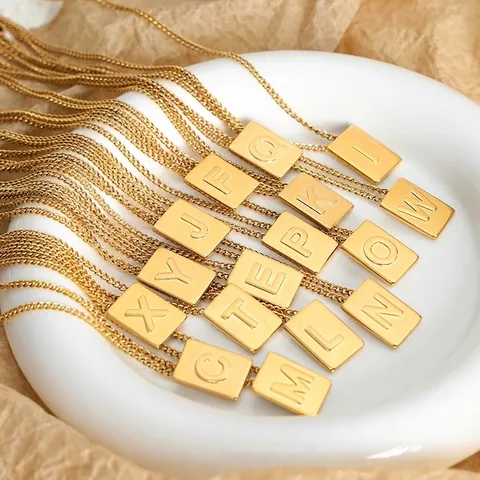 Minimalist Initial Letter Pendant Necklace 18K Gold Plated Stainless Steel Square Rectangular Tag Elegant Jewelry Women