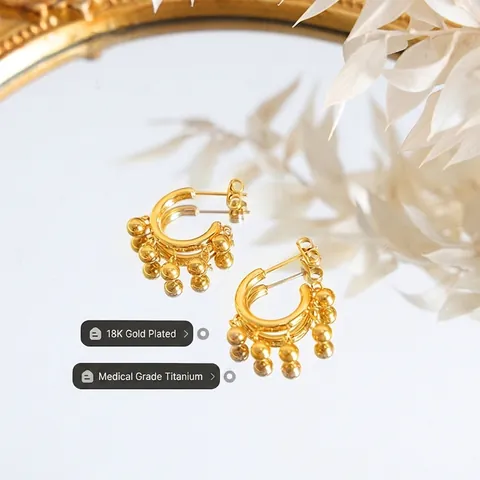 Titanium Steel Hoop Earrings With Ball Charms 18K Gold Plated French Style Geometric C Shape Dainty Jewelry For Women