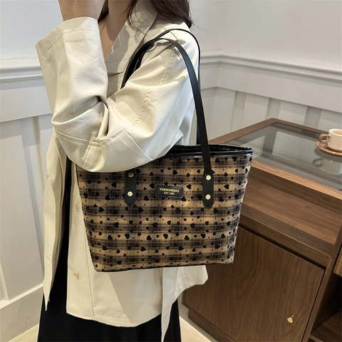 Cabas Femme en Cuir PU Grande Capacité Vintage à Carreaux Imprimé Cœur Sac à Main Épaule pour Bureau Études