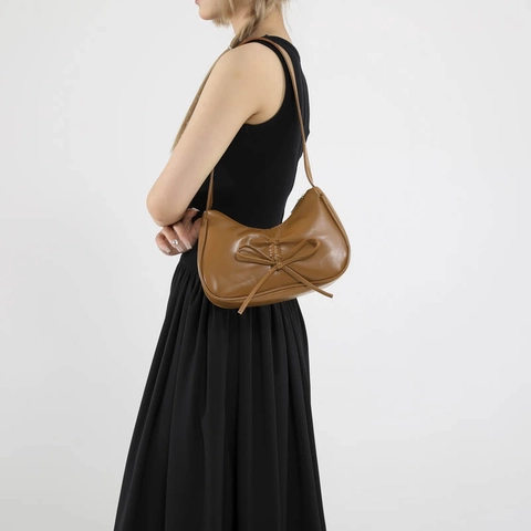 Women Underarm Hobo Bag PU Leather Bow Tie Pleated Crescent Shoulder Bag Metallic Trendy Solid Color Zipper