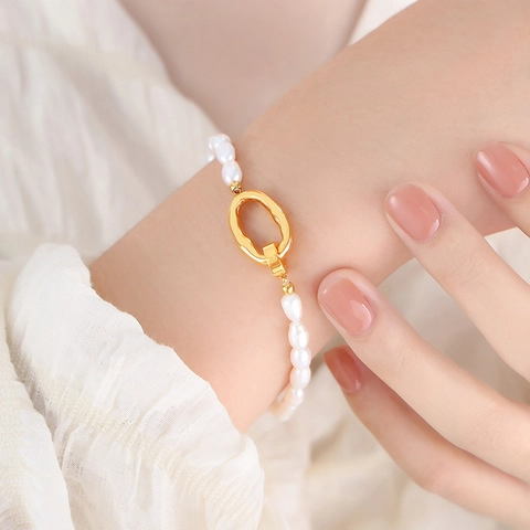 Élégant Ensemble de Bijoux en Acier Inoxydable Perles d'Eau Douce Collier Bracelet à Boucle Métallique Irrégulière pour Femme Cadeau