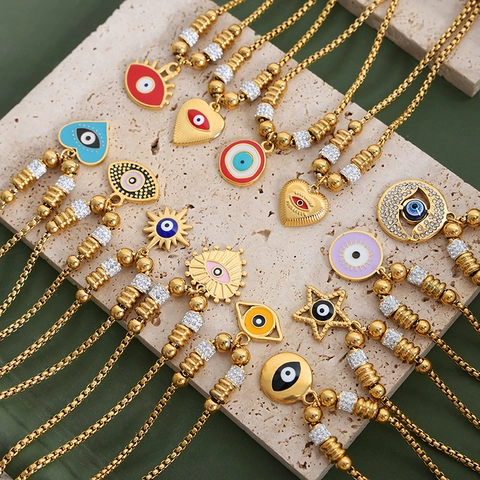 Titanium Steel Gold Plated Evil Eye Bracelet For Women Enamel Heart Star Charm Adjustable Zirconia Bohemian Jewelry Gift