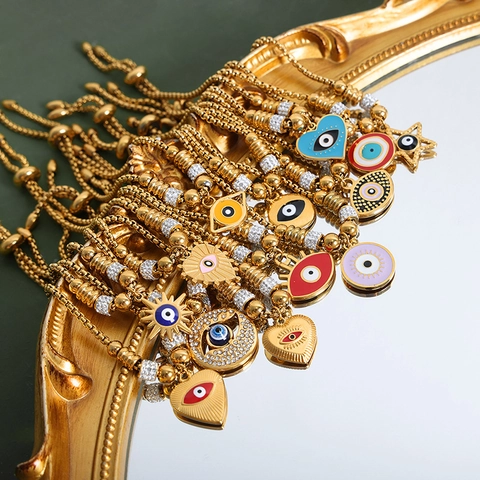 Retro Titanium Steel Gold Plated Evil Eye Bracelet For Women Ethnic Heart Enamel Rhinestone Adjustable Jewelry Gift