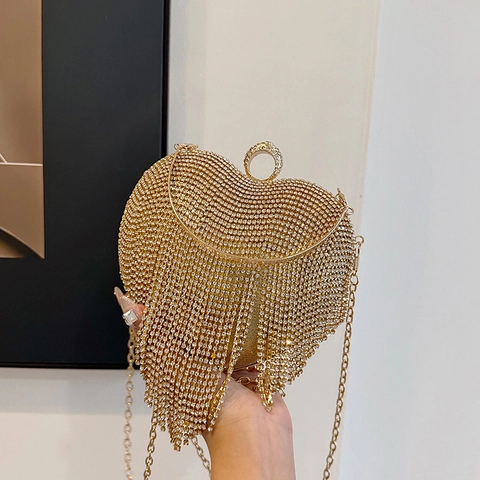 Borsa Da Sera A Forma Di Cuore Con Strass E Frange Pochette Di Lusso Luccicante Con Catena Per Feste