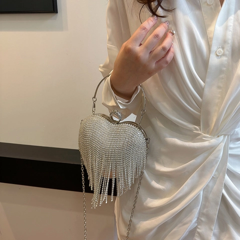 Borsa Da Sera A Forma Di Cuore Con Strass E Frange Pochette Di Lusso Luccicante Con Catena Per Feste