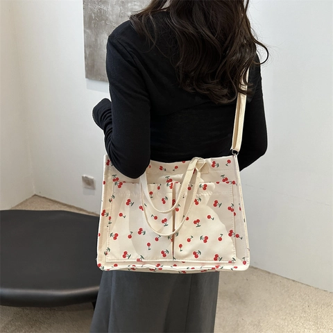 Sac Cabas en Toile pour Femmes Imprimé Cerise Grande Capacité Sac à Bandoulière Avec Sangle Réglable Sac de Shopping Floral