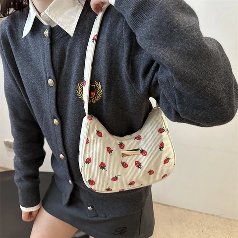 Women Vintage Floral Strawberry Print Underarm Crescent Bag Corduroy Jacquard Hobo Shoulder Bag Niche Design Fashion Handbag