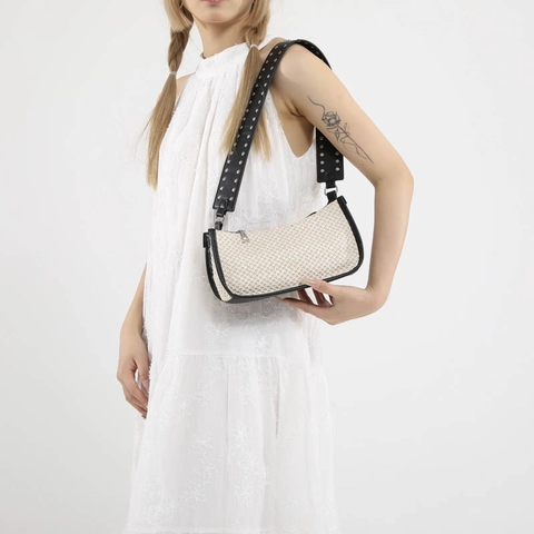Mode Vrouwen Strovlechtwerk PU Patchwork Onderarm Tas Met Klinknagels Brede Riem Casual Schoudertas Zomer Strand Tas