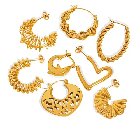 Pendientes De Acero De Titanio Para Mujer Chapados En Oro De 18K Retro Huecos Forma C Retorcidos Corazón Delfín Joyería