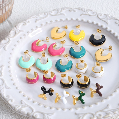 Vintage Titanium Steel Enamel Earrings Macaron Color Balloon Dog Stud Earrings 18K Gold Plated C-Shaped Hoop Earrings For Women