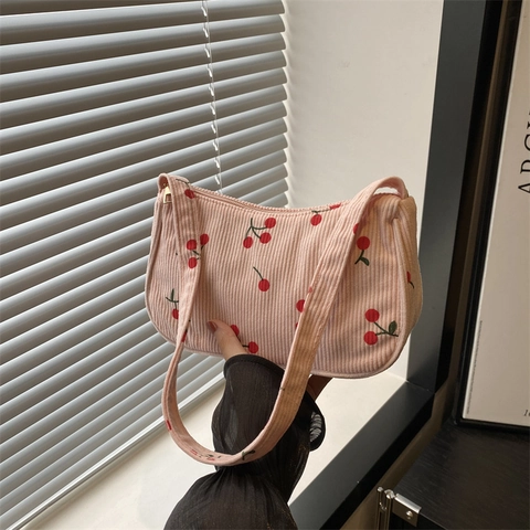 Borsa Sottobraccio In Velluto A Coste Da Donna Stampa Ciliegia Estetica Retrò Borsa A Spalla Baguette Piccola Cerniera