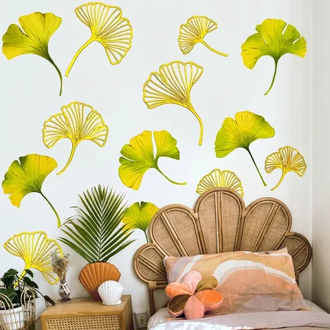 Ginkgo Leaf Flower Butterfly Wall Stickers PVC Gold Metallic Texture Waterproof Home Decor Decal For Living Room Bedroom