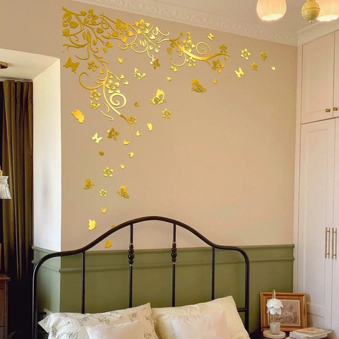 Autocollants Muraux Miroir 3D Motif Papillon Fleur Dorée Auto-adhésif Imperméable Décoration Maison Pour Chambre
