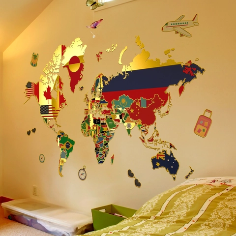 Autocollant Mural Carte Du Monde PVC Motif Drapeaux Nationaux Thème Voyage Éducatif Pour Chambre D'enfants Salon Décoration