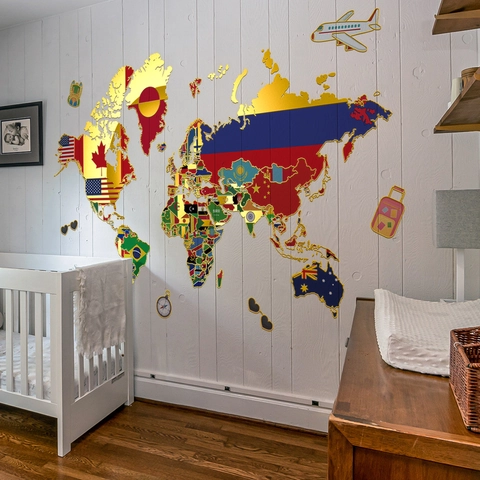 Autocollant Mural Carte Du Monde PVC Motif Drapeaux Nationaux Thème Voyage Éducatif Pour Chambre D'enfants Salon Décoration