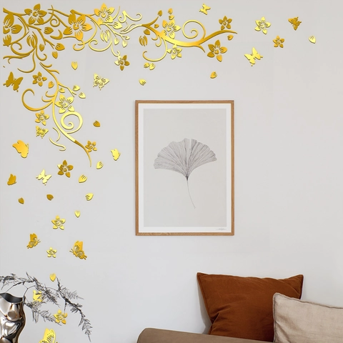 Golden Wisteria Flower And Butterfly Wall Sticker Metallic Mirror Look PVC Self Adhesive Decal For Living Room Bedroom Home Decor