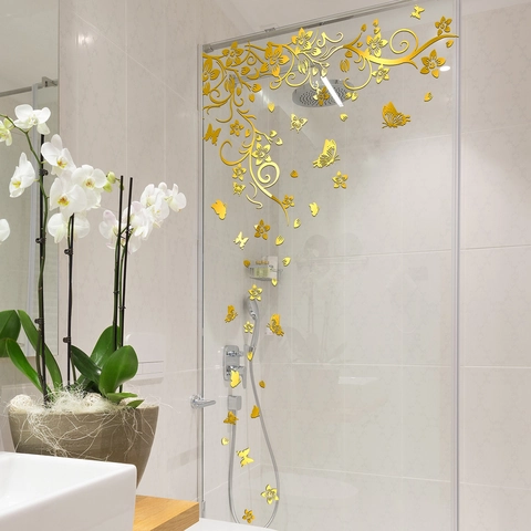 Golden Wisteria Flower And Butterfly Wall Sticker Metallic Mirror Look PVC Self Adhesive Decal For Living Room Bedroom Home Decor