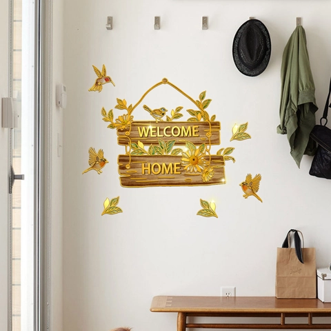 Hand-painted Welcome Home Wall Sticker With Hummingbirds Sunflowers Plants PVC Self-Adhesive Door Decal For Bedroom Decor