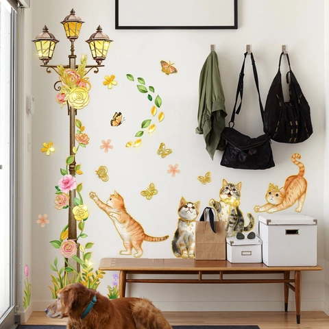 Vinilo de Pared Pintado a Mano Gato Farola Flores PVC Autoadhesivo Estampado en Oro Papel Tapiz para Habitación Infantil Dormitorio