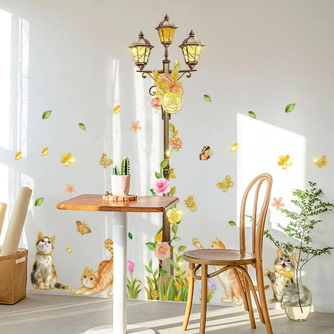 Vinilo de Pared Pintado a Mano Gato Farola Flores PVC Autoadhesivo Estampado en Oro Papel Tapiz para Habitación Infantil Dormitorio