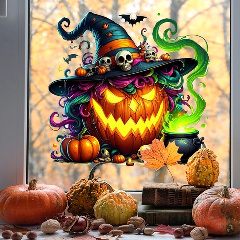 Halloween Window Clings Static Stickers Pumpkin Maple Leaves Candy Black Cat Bat Ghost Double Sided Decals For Glass Window Party Decor