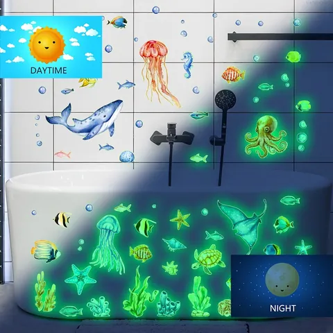 Pegatinas De Pared De Vida Marina Que Brillan En La Oscuridad Calcomanías Luminosas Para Dormitorio Infantil Baño Hogar