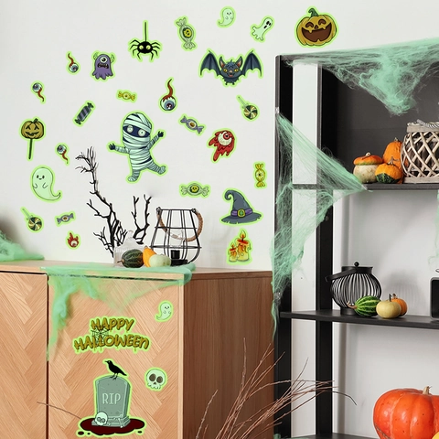 Lichtgevende Halloween Muurstickers Glow In The Dark PVC Pompoen Mummie Geest Vleermuis Stickers Voor Thuis Feest Decor