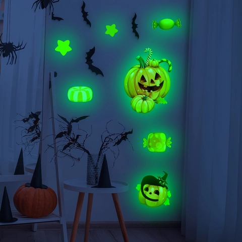 Αυτοκόλλητα Τοίχου Halloween Που Φωσφορίζουν Στο Σκοτάδι PVC Κολοκύθα Νυχτερίδα Διακοσμητικά Σπιτιού