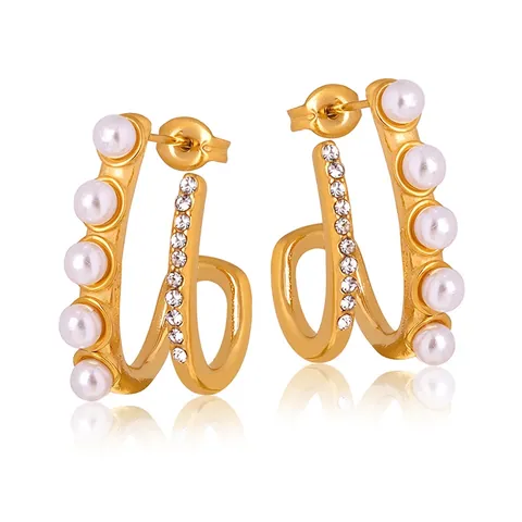 French Vintage H-Shape Earrings Stainless Steel 18K Gold Plated Shell Artificial Pearl Rhinestone Elegant Women Jewelry