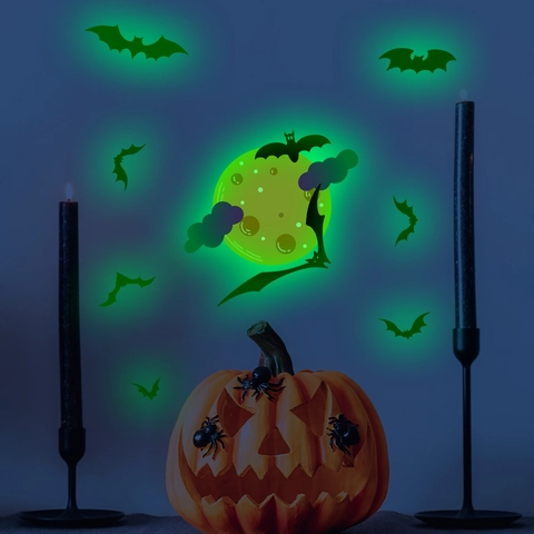 Autocollants Muraux Lumineux Halloween Brille Dans Le Noir Chauve Souris Lune Crâne PVC Décoration Auto Adhésive