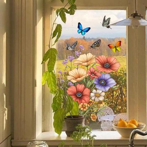 Floral Butterfly Window Stickers For Glass Double Sided Colorful Flower Wall Decal For Living Room Bathroom Home Decoration
