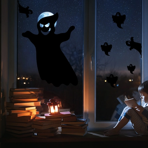 Halloween Silhouette Window Stickers Black Witch Bat Ghost Static Cling PVC Double Sided Decal For Home Party Decoration