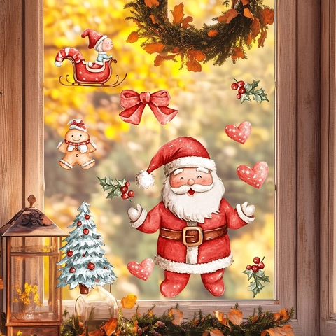 Watercolor Christmas Window Stickers Santa Claus Gingerbread Man Pattern PVC Static Wall Decals For Holiday Glass Home Decoration